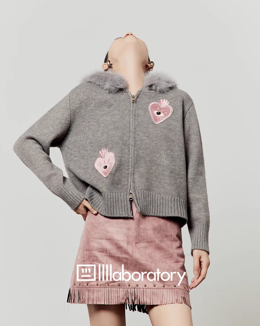 Heart-Eye Embroidered Double Zip Knit LLA0583