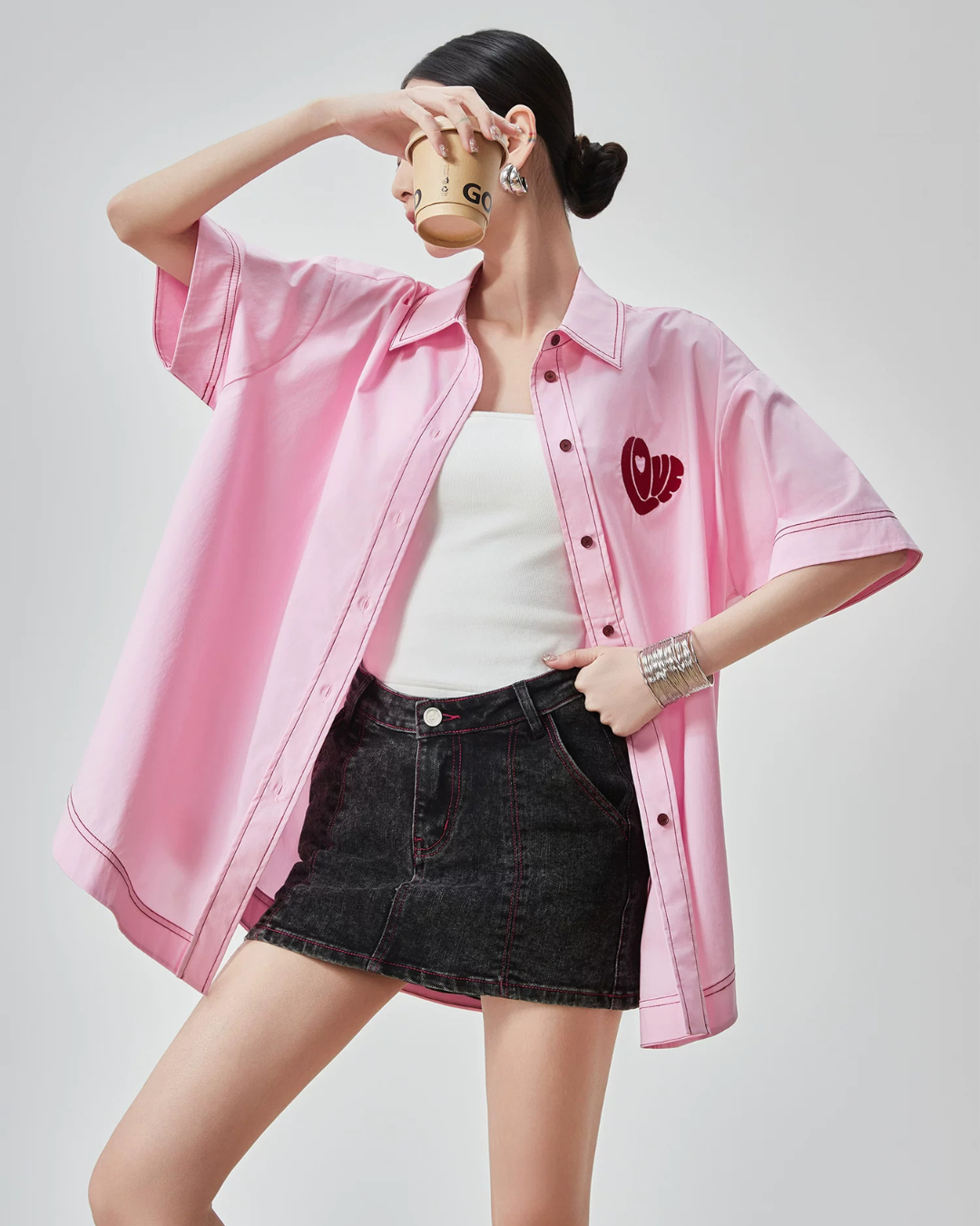 Heart Embroidery Short-Sleeve Shirt FER0176