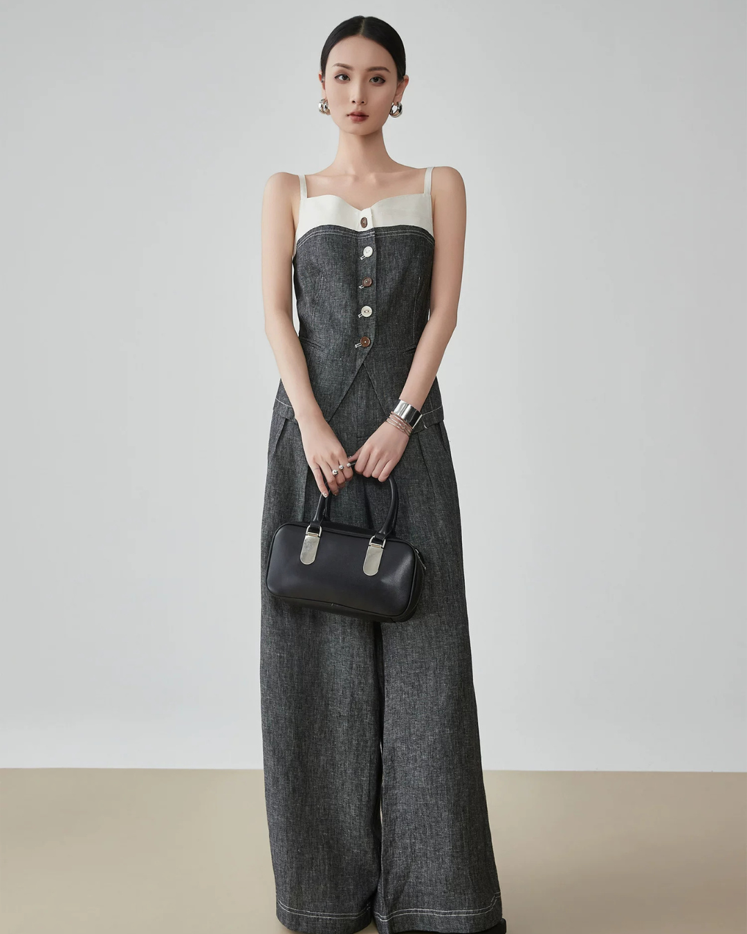 Front Button Bicolor Bustier / Wide Long Pants FER0272