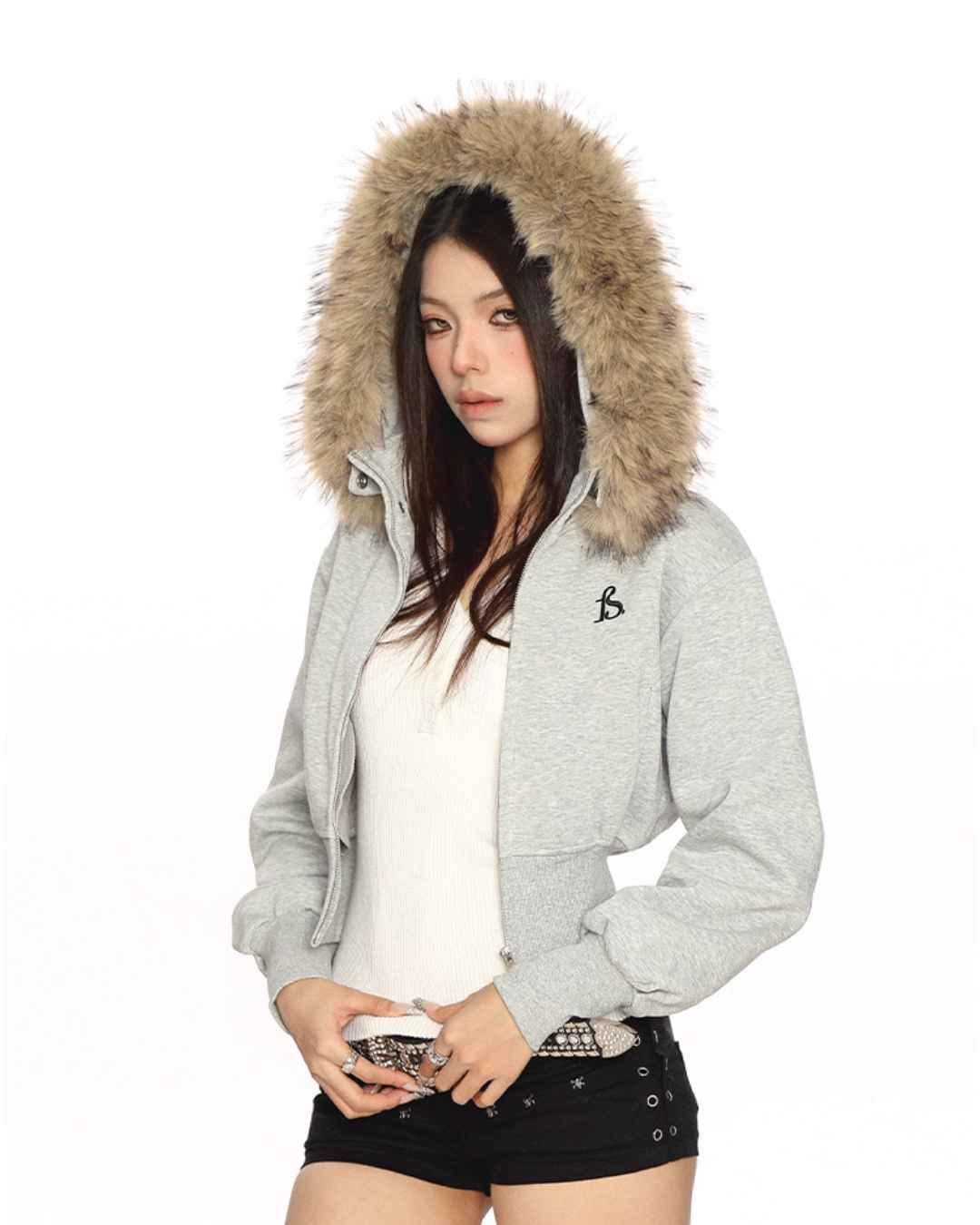 Fur Cropped Zip Up Hoodie BGS0013