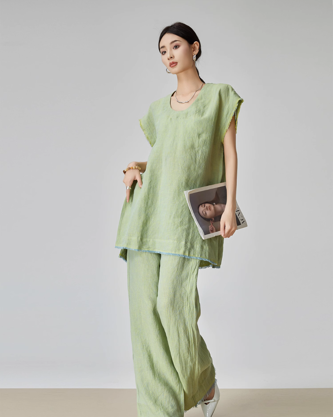 Green Linen Loose Tops / Long Pants FER0007