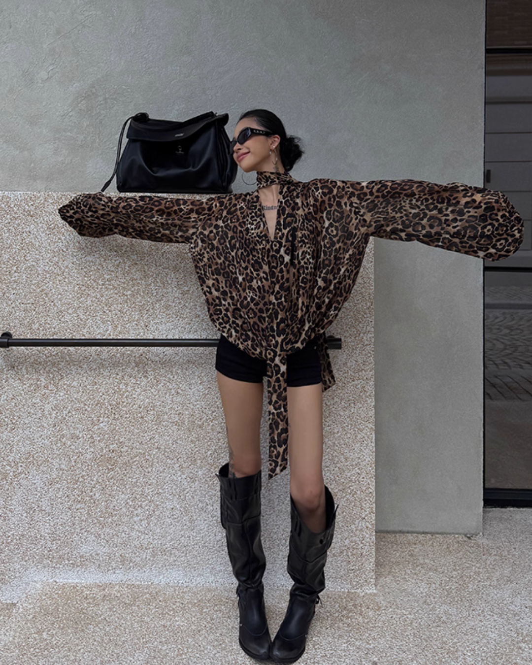 Leopard Draped Collar Chiffon Top ZRS0097