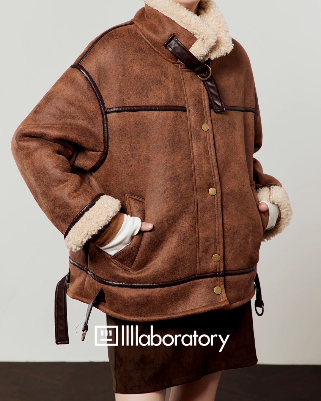 Stand Collar Mouton Jacket / Suede Mini Skirt LLA0572