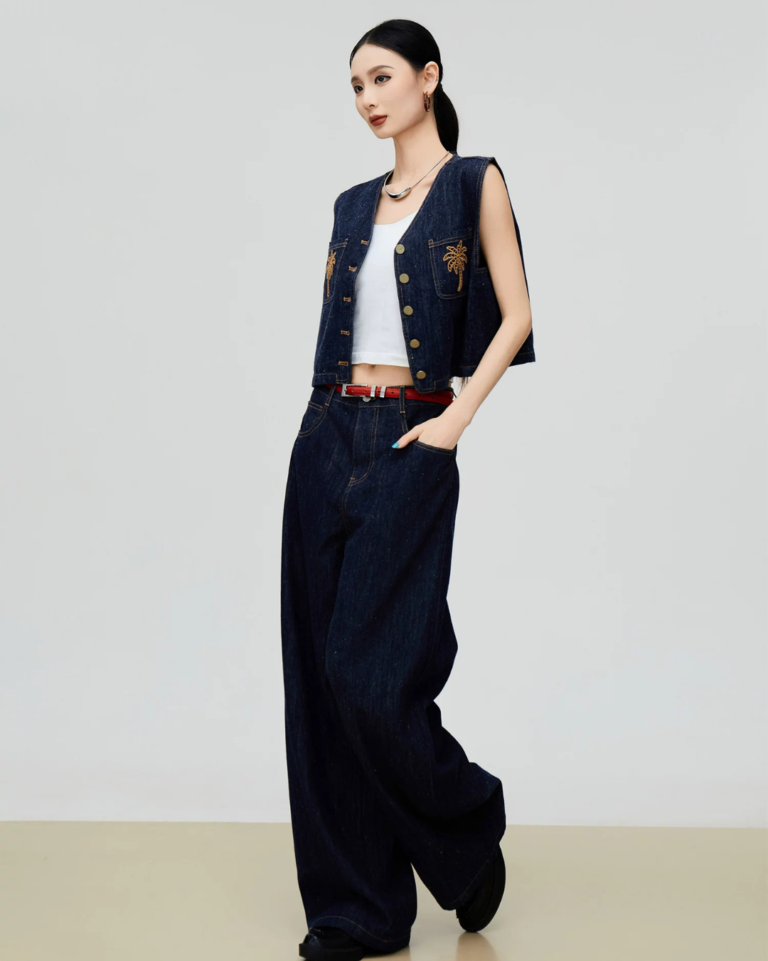 Palm Tree Embroidered Denim Vest / Wide Pants FER0303