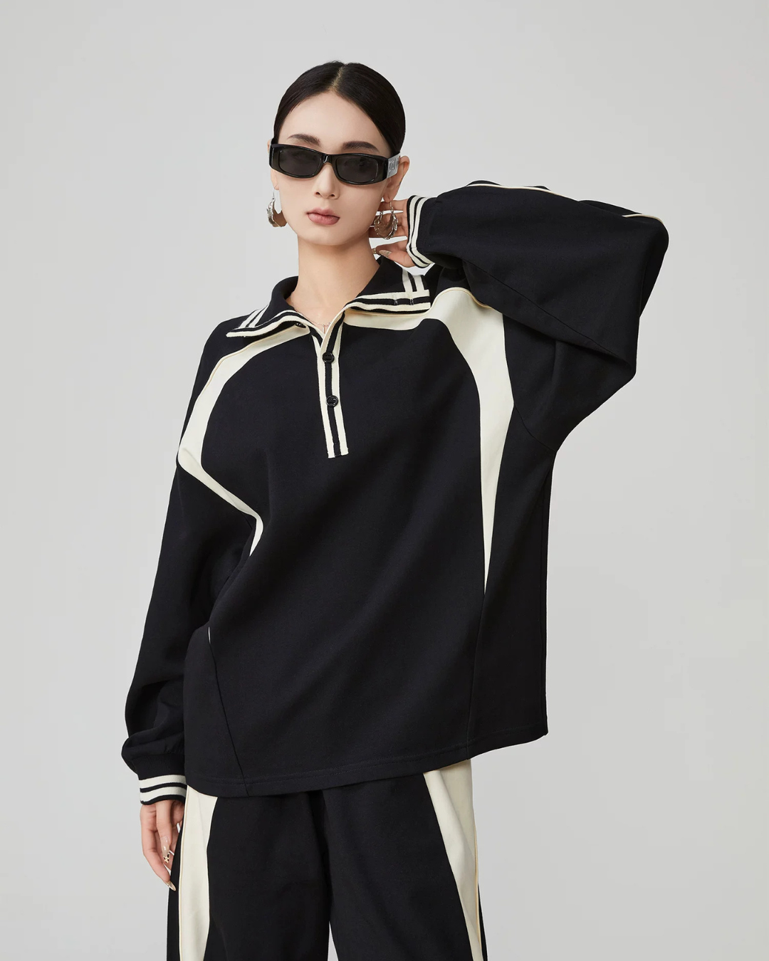 Color-Contrast Collared Long-Sleeve / Casual Wide Pants  FER0378
