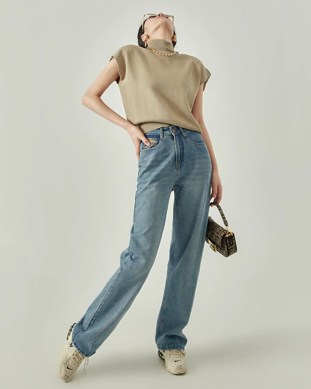 Short Sleeve High Neck Knit Sew / Denim Pants LLA0086