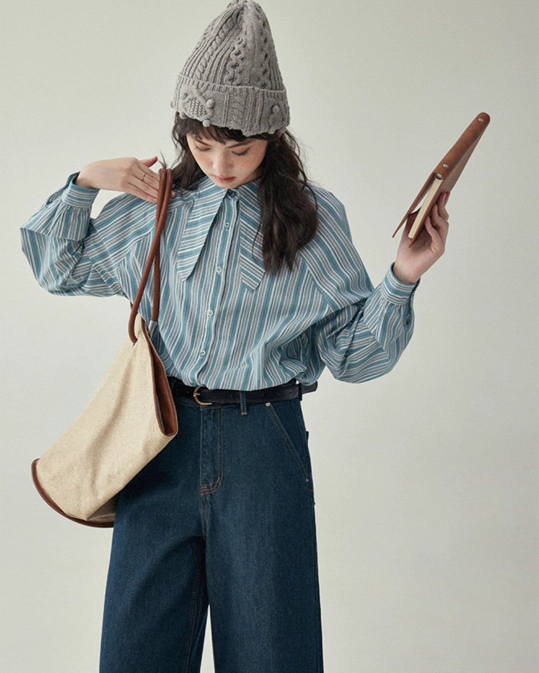 Blue Stripe Shirt / Wide Denim Pants / Corduroy Overall Skirt AMU0033