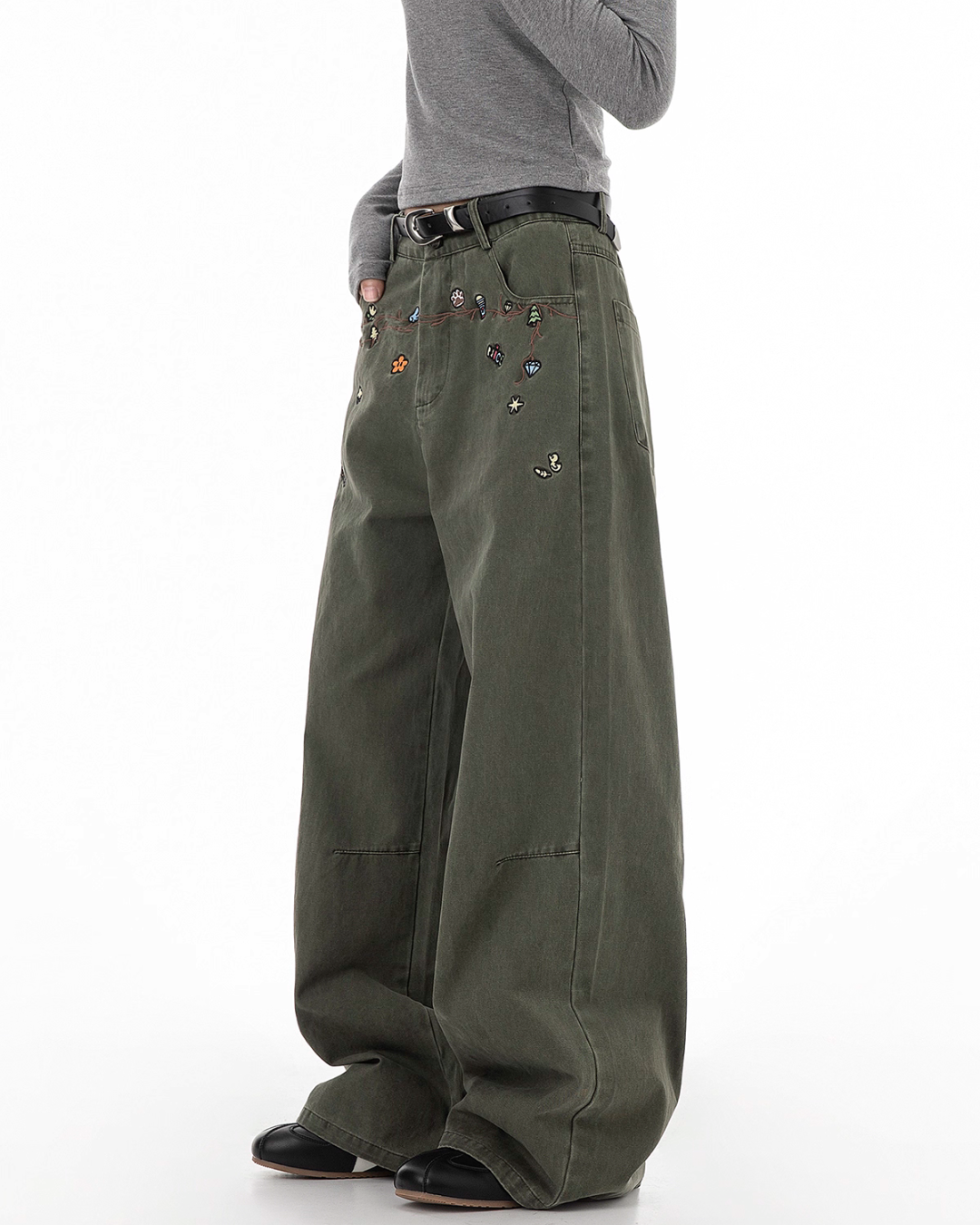 Floral Embroidery Wide Denim Pants ICM0116
