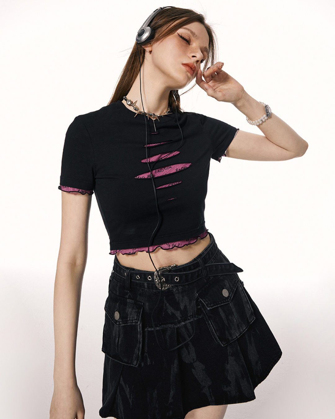 American Layered Style Cropped T-Shirt IMO0066