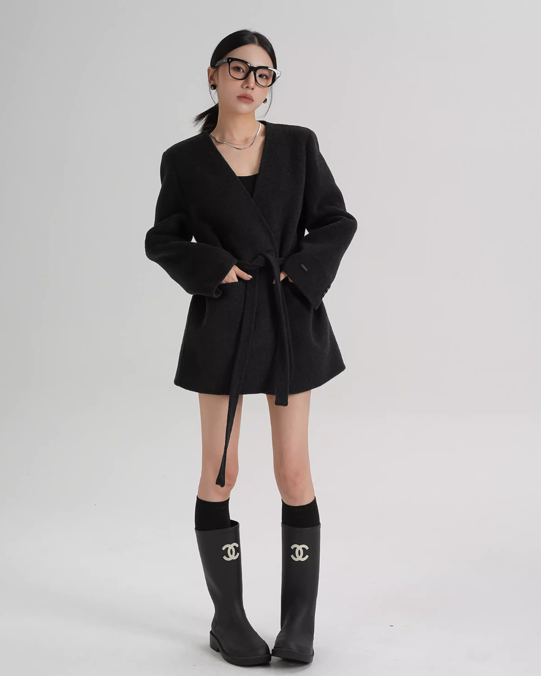 Collarless Wool Coat with Choker SRS0393