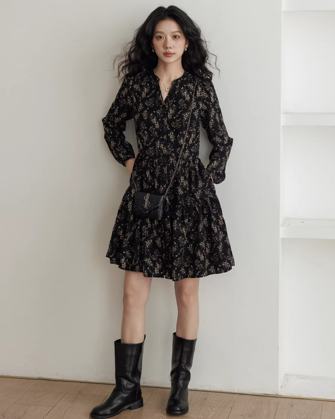 V-Neck Printed Waist Shirt Dress VAS0194