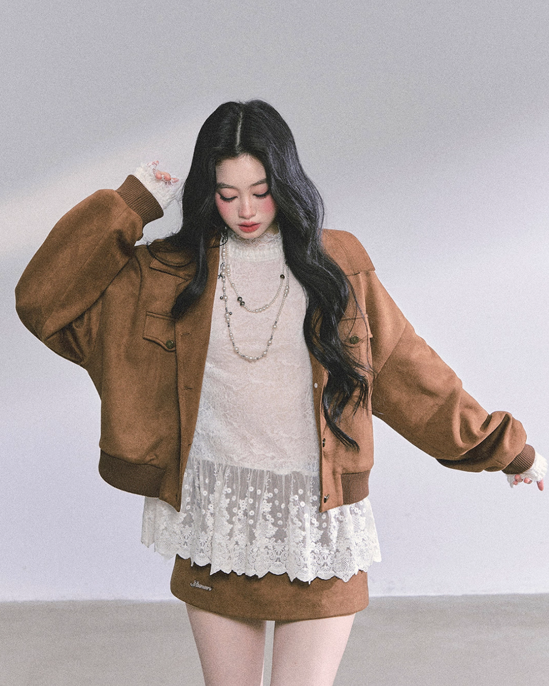 Wool Blazer Jacket/Mini Skirt/Frill Lace Blouse LAS0042