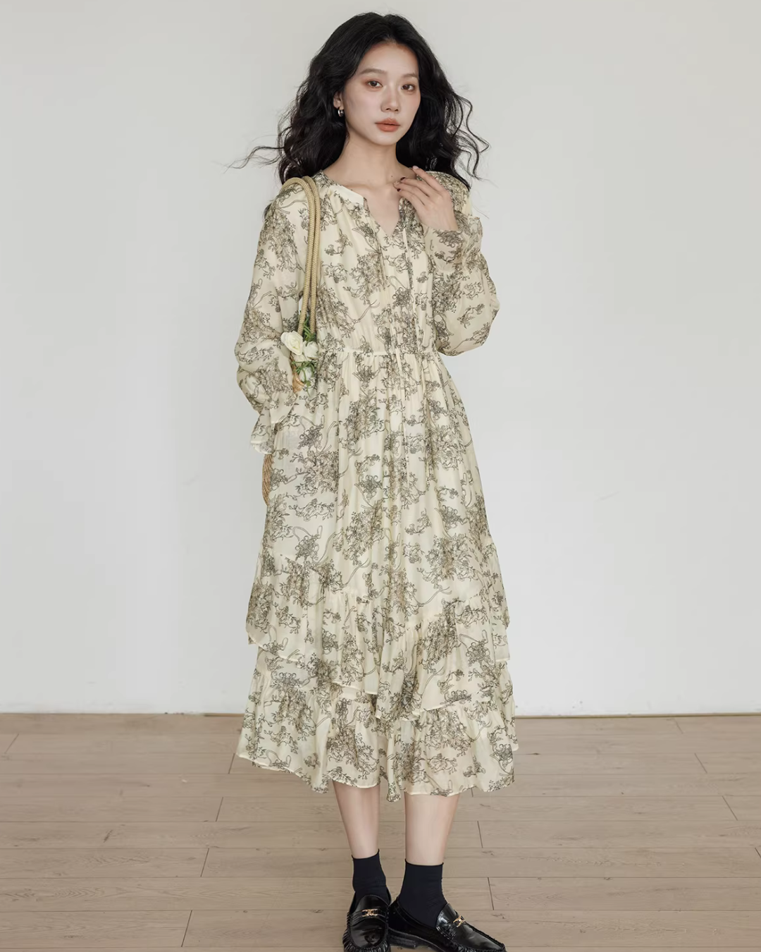 V-Neck Floral Vintage Shirt Dress VAS0192