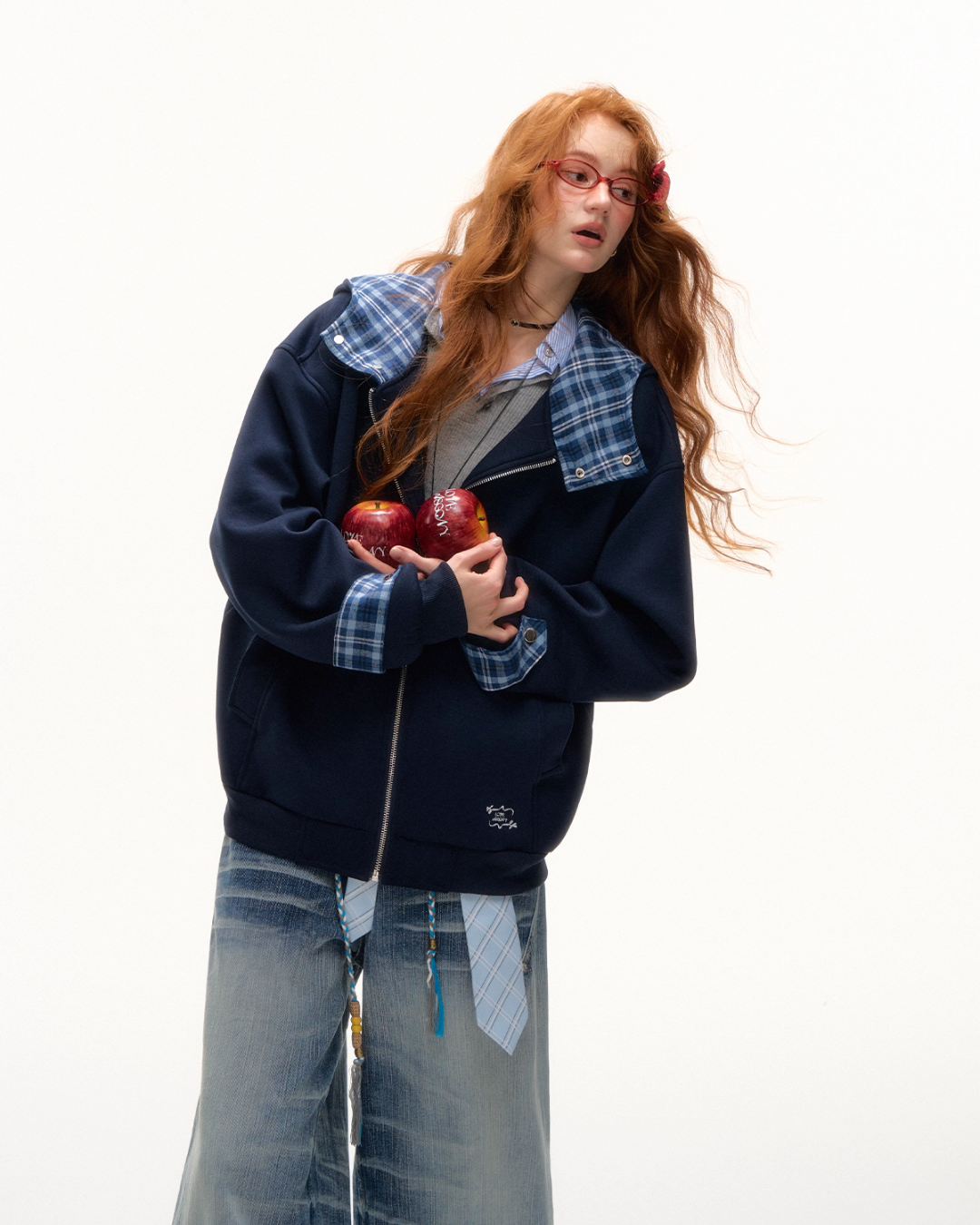 Plaid Patched Hood Jacket / Long Sleeve Top / Denim Pants ASG0048