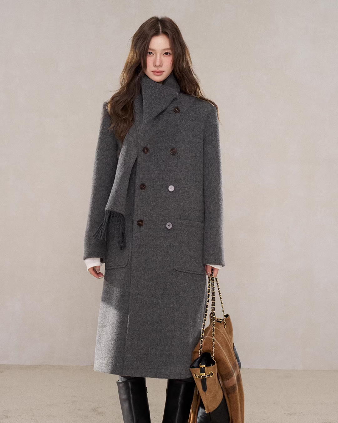 Scarf Collar Double Breasted Wool Coat WDB0003