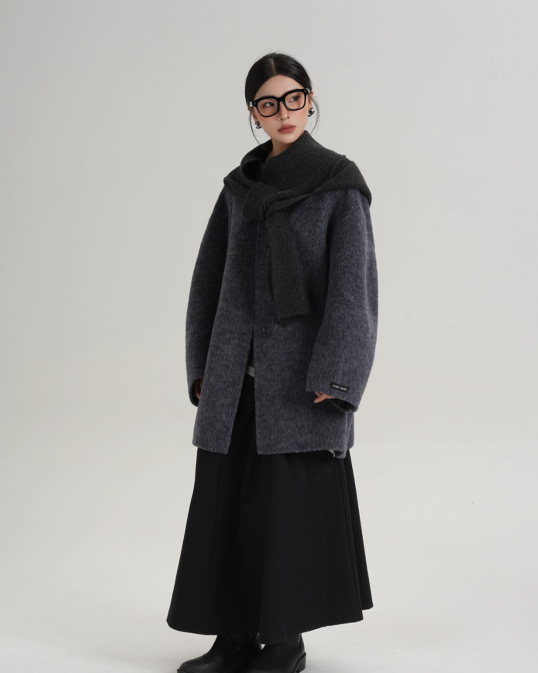 Hood Scarf Mid Length Wool Coat SRS0358