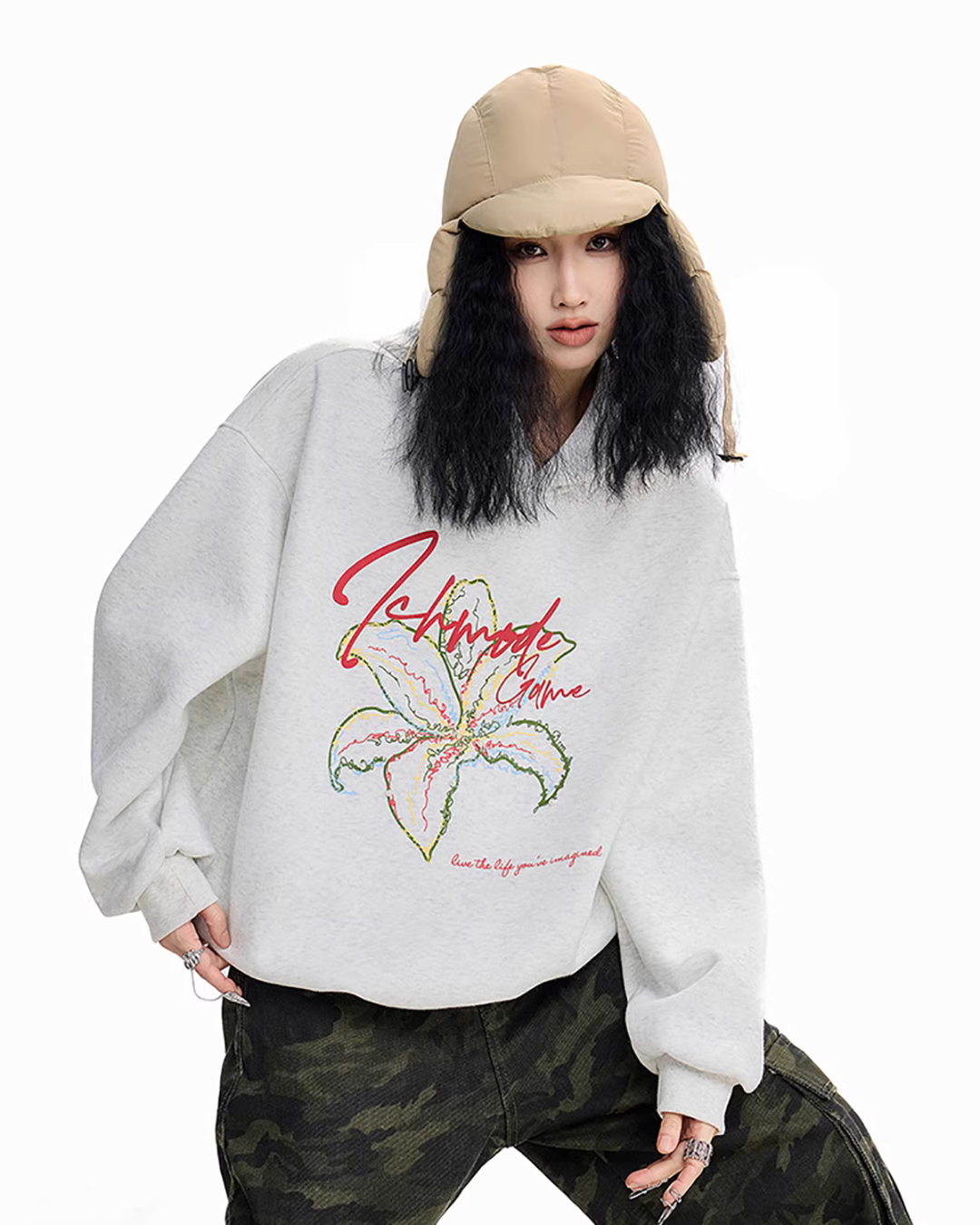 Flower Motif Loose Hoodie ICM0076