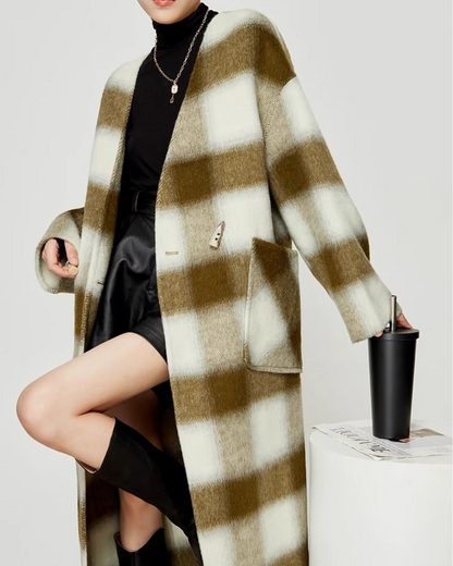 Retro Contrast Paid Long Coat / Muffler LLA0368