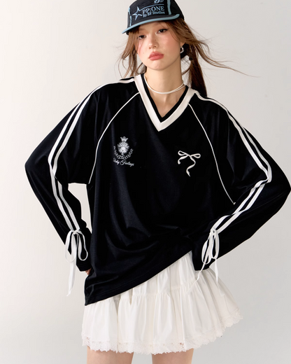 V-Neck Side Line Long Sleeve Top / Flare skirt ASG0007