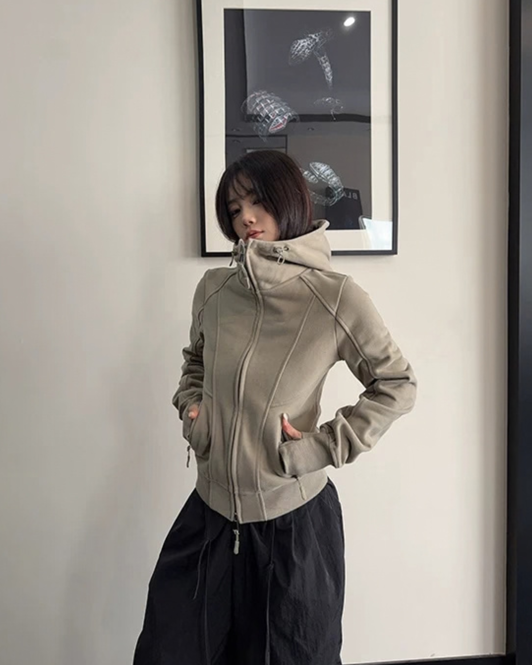 High-Neck Hooded Zip-Up Hoodie YLS1057