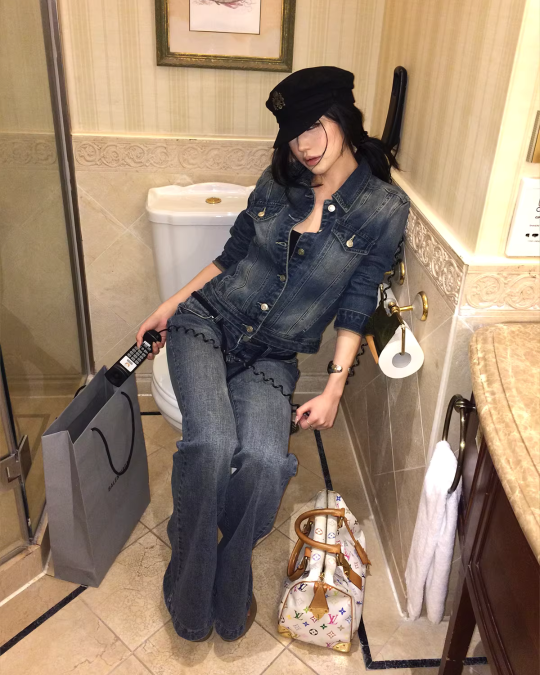 Washed Short Denim Jacket / Flare Slim Jeans IMX0008