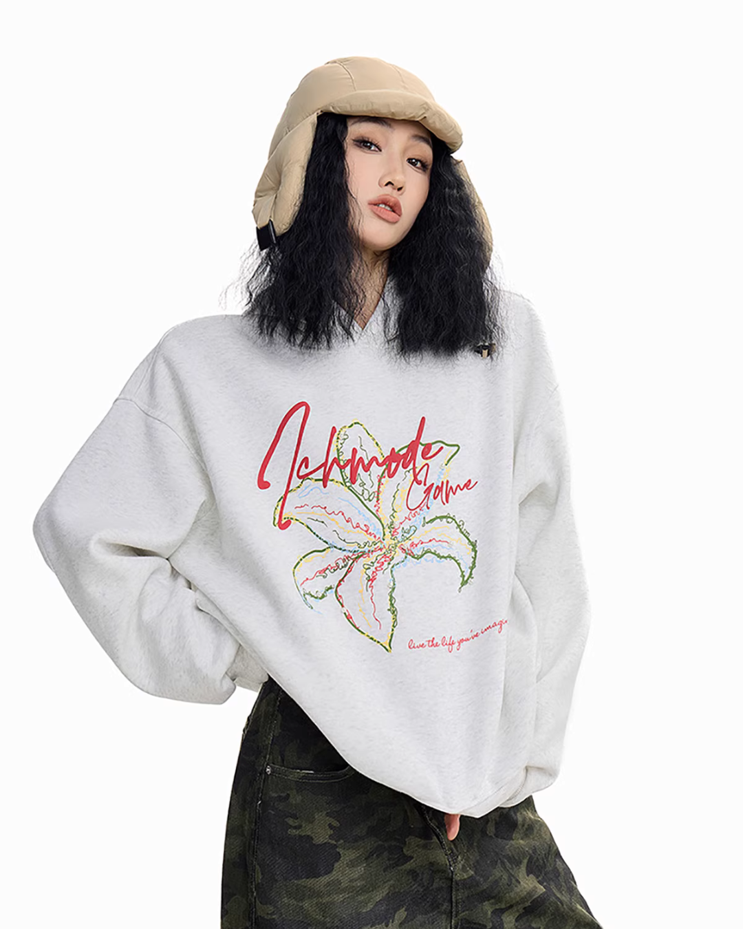 Flower Motif Loose Hoodie ICM0076