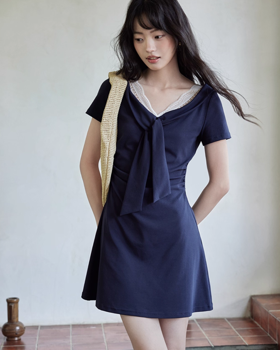 V-neck Navy Blue Dress SMS0025