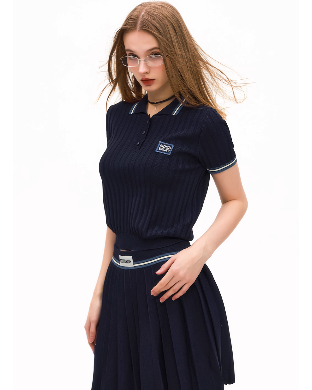 Polo Rib Knit Top / Pleated Skirt MDB0001