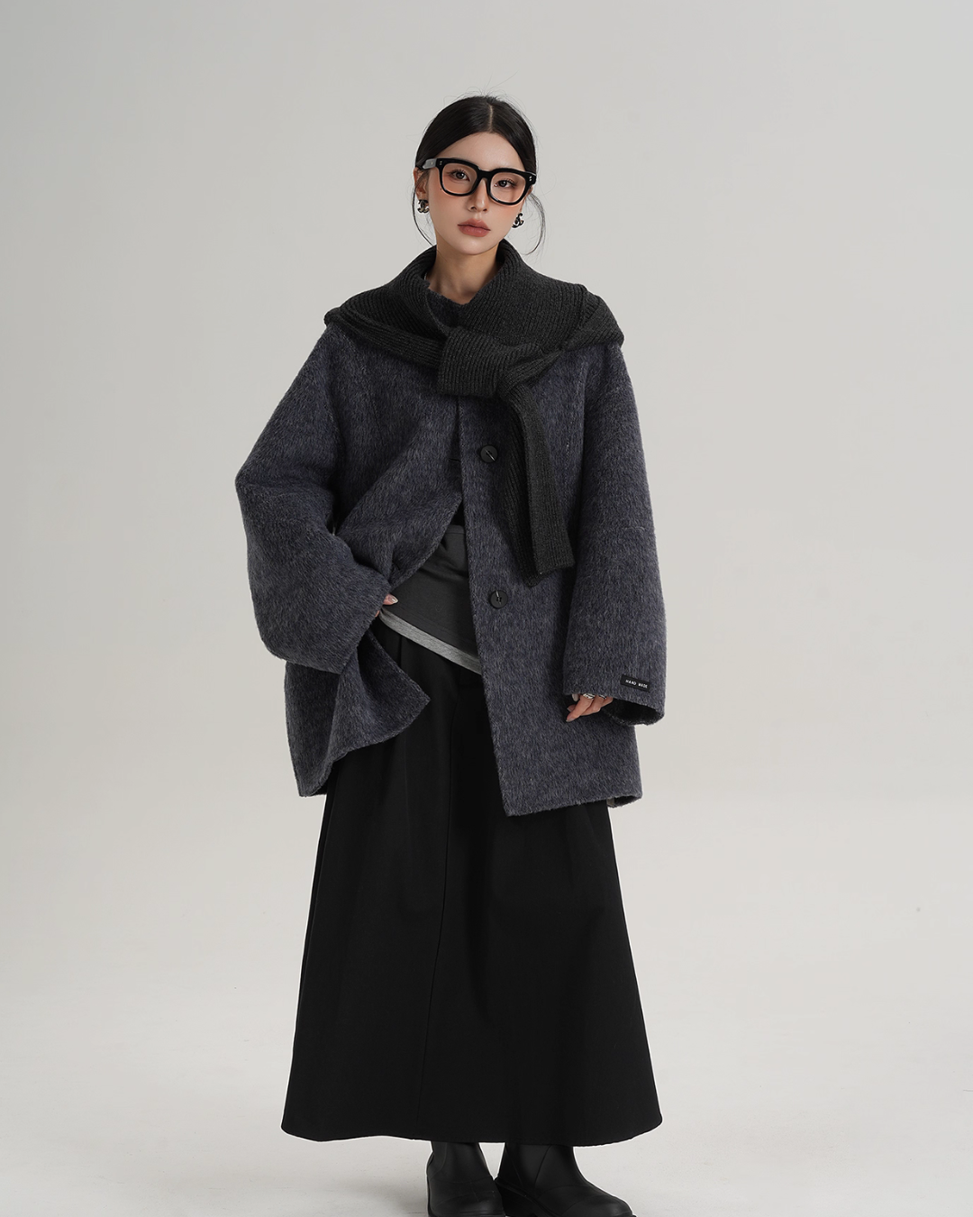 Hood Scarf Mid Length Wool Coat SRS0358