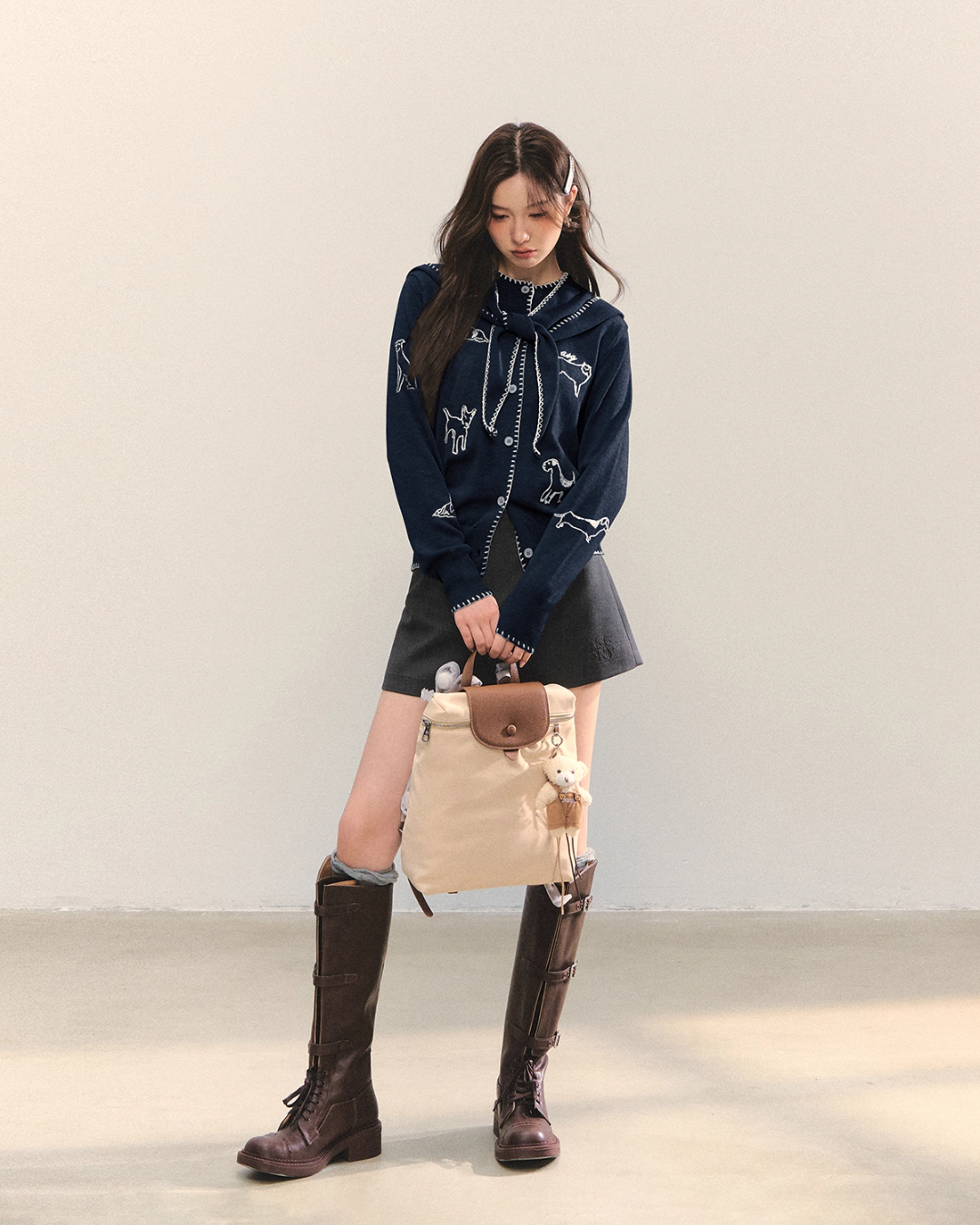 Dog Embroidery Round Neck Knit Cardigan ASG0070