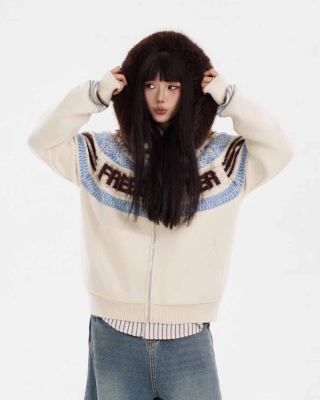 Fur Hood Retro Knit Cardigan FEC0002