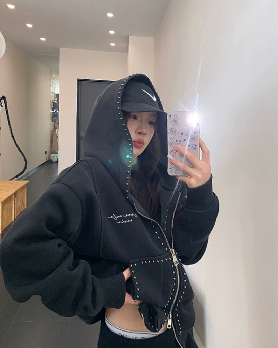 Studded Design Hooded Zip Jacket YLS1033