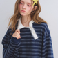 Button Lace Collar Striped Top ASG0085