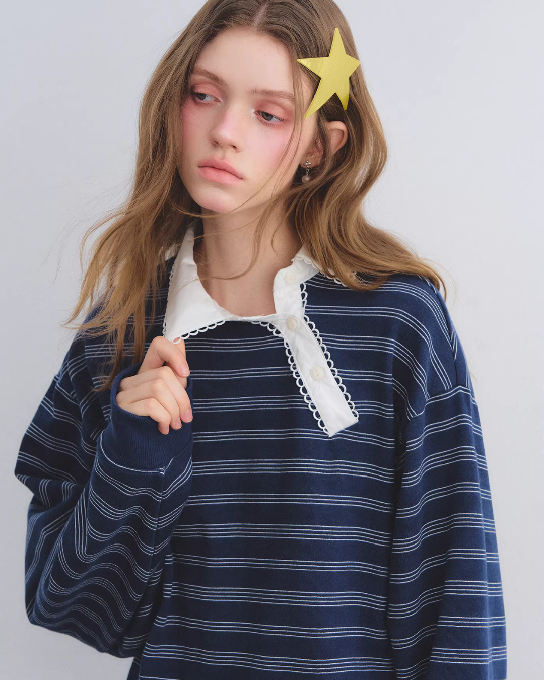 Button Lace Collar Striped Top ASG0085