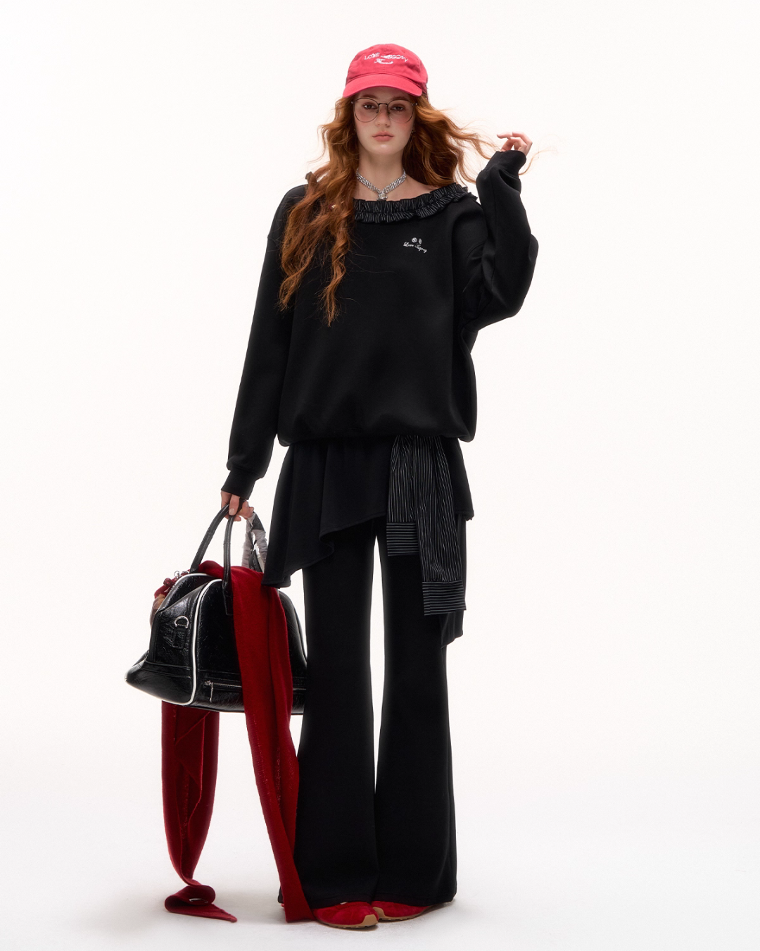 Stripe Lace Frill Off Shoulder Top / Flare Pants ASG0065