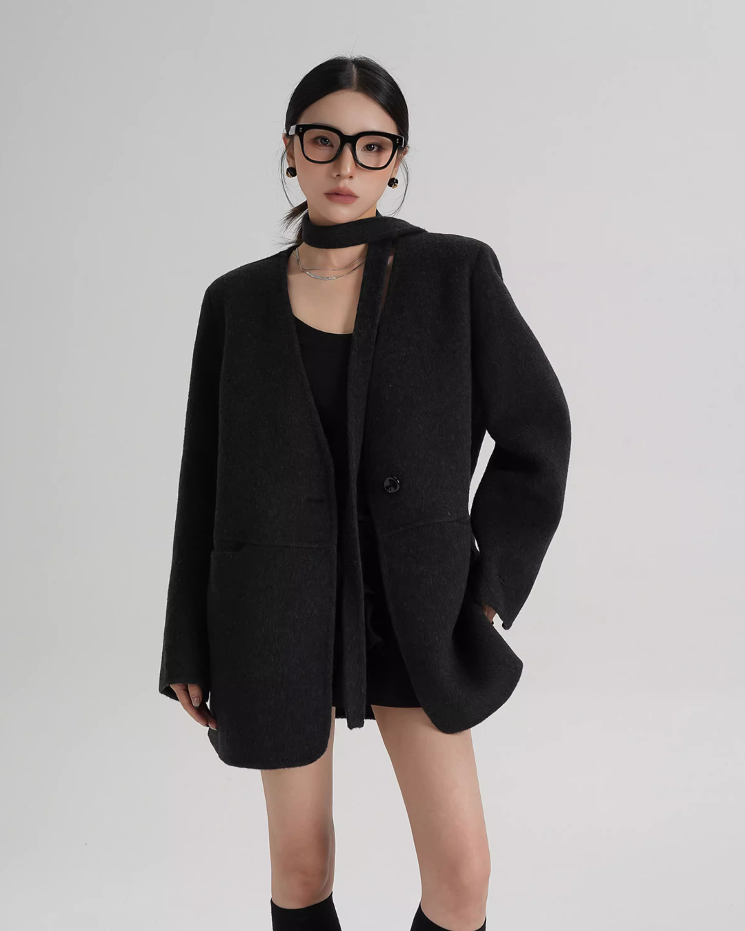 Collarless Wool Coat with Choker SRS0393