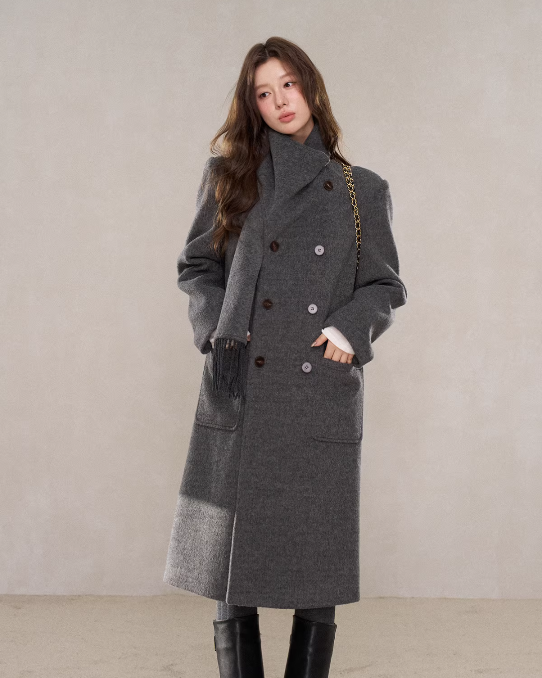 Scarf Collar Double Breasted Wool Coat WDB0003