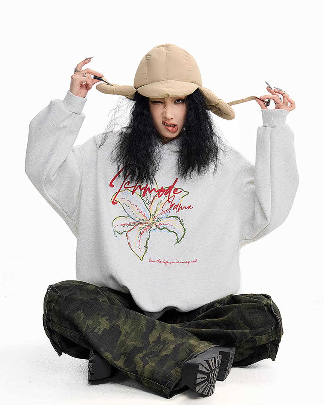 Flower Motif Loose Hoodie ICM0076