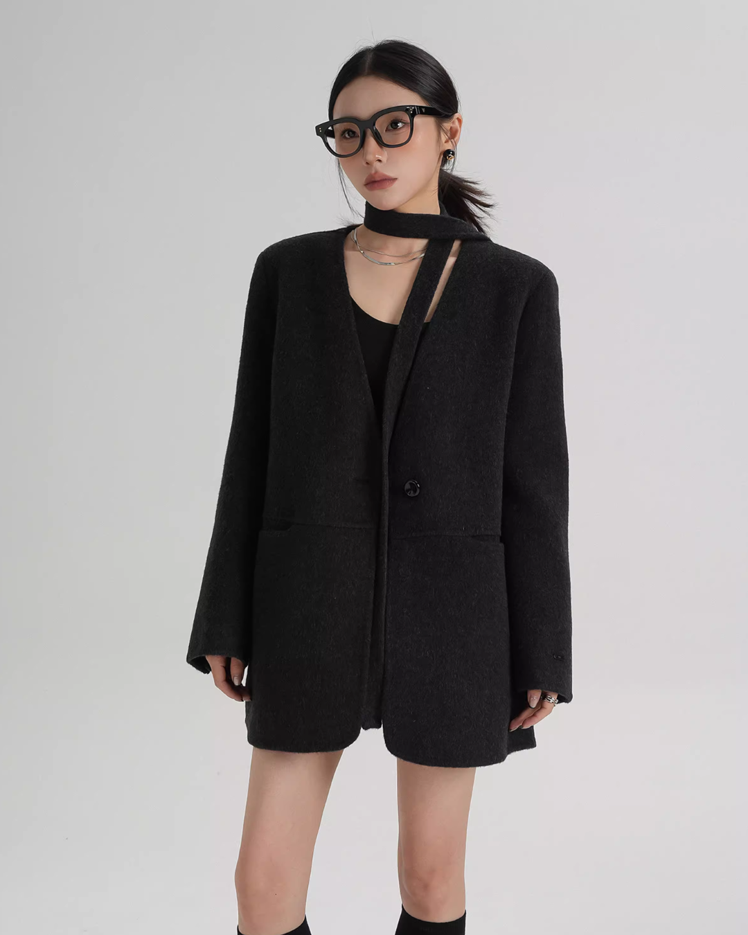 Collarless Wool Coat with Choker SRS0393