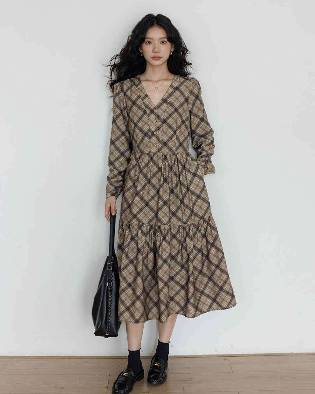 V-Neck Paid Long Dress VAS0161