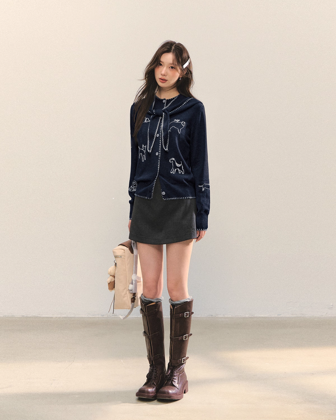 Dog Embroidery Round Neck Knit Cardigan ASG0070