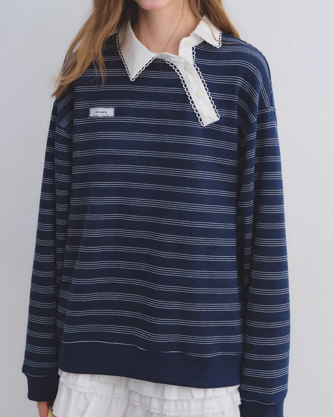 Button Lace Collar Striped Top ASG0085