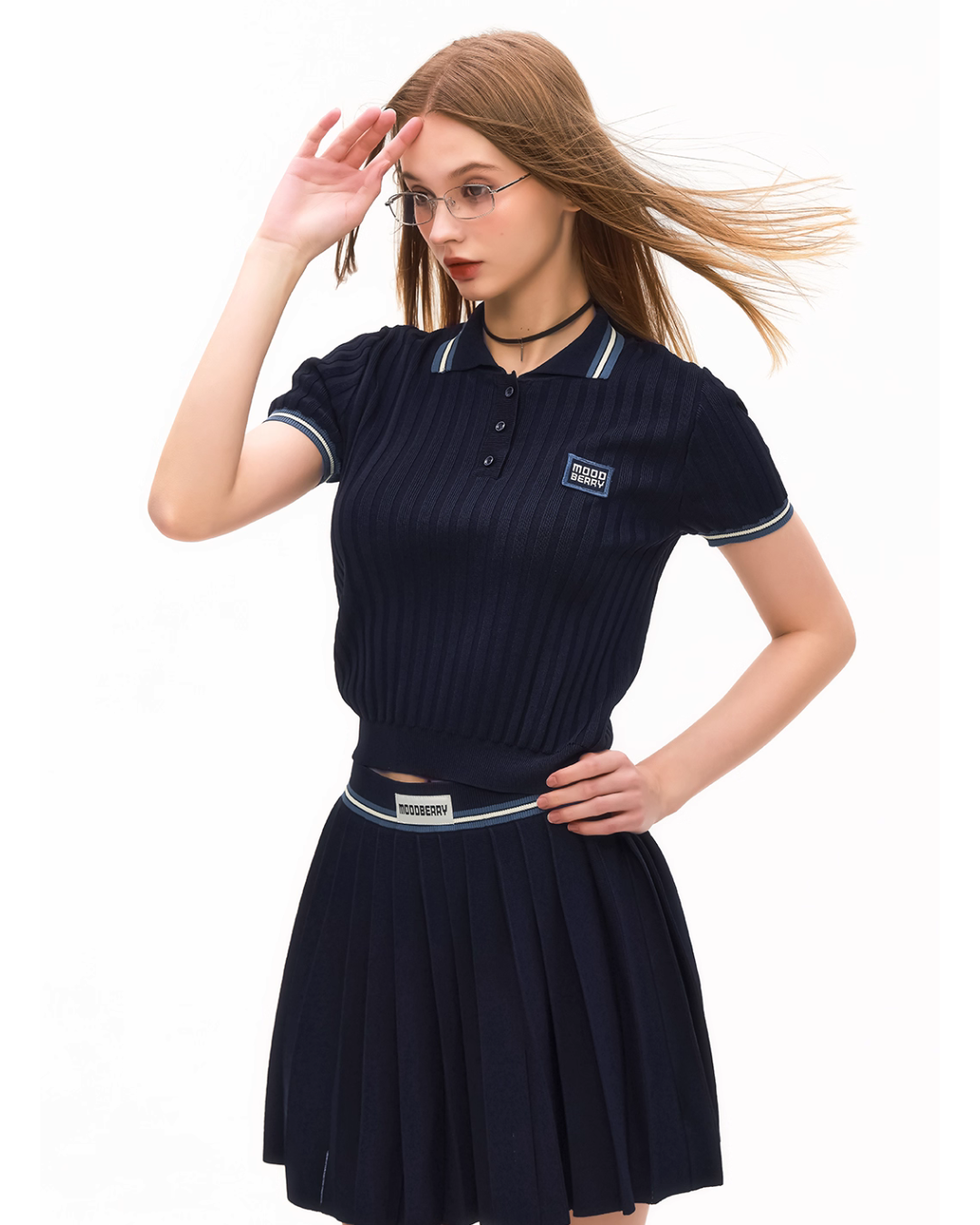 Polo Rib Knit Top / Pleated Skirt MDB0001