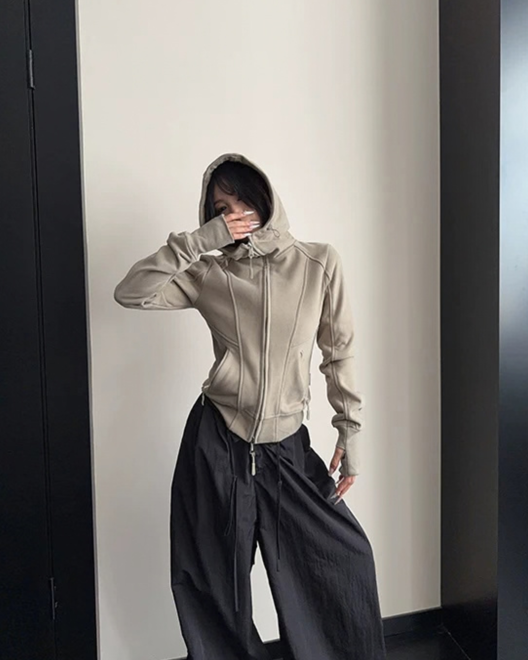 High-Neck Hooded Zip-Up Hoodie YLS1057