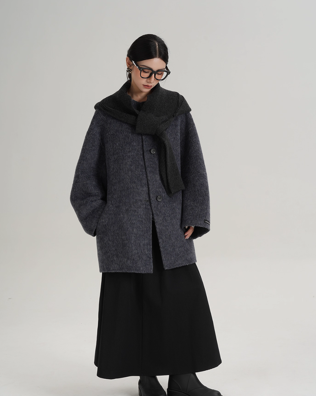 Hood Scarf Mid Length Wool Coat SRS0358
