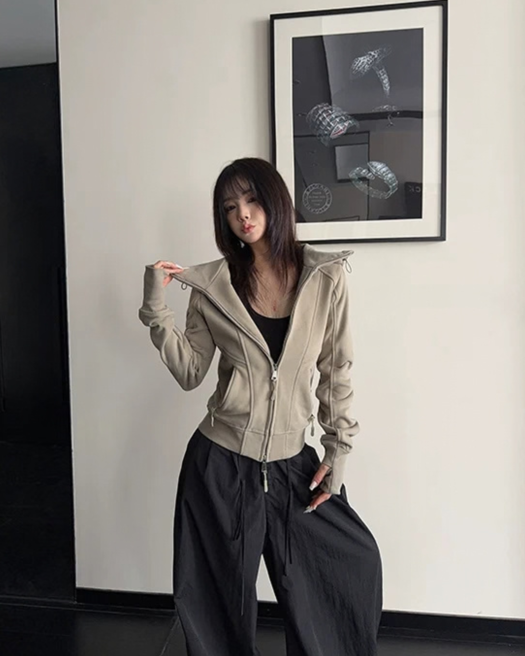 High-Neck Hooded Zip-Up Hoodie YLS1057