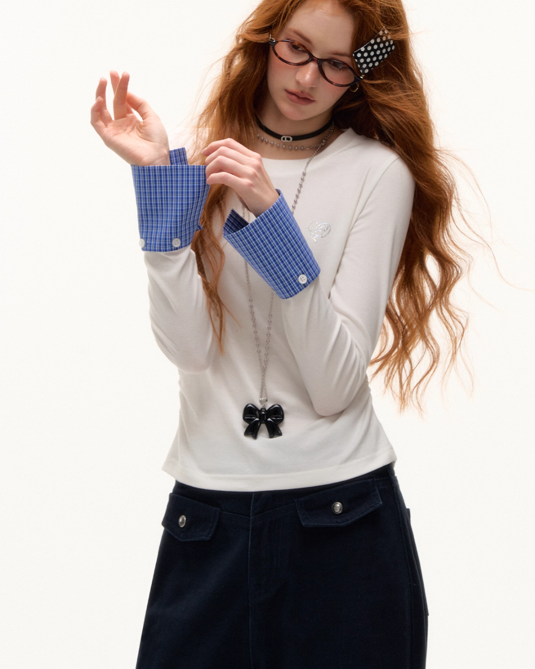 Plaid Patched Hood Jacket / Long Sleeve Top / Denim Pants ASG0048