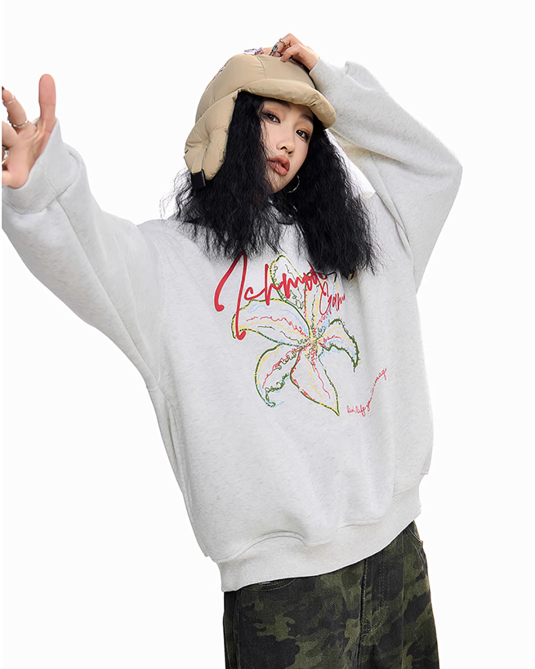 Flower Motif Loose Hoodie ICM0076