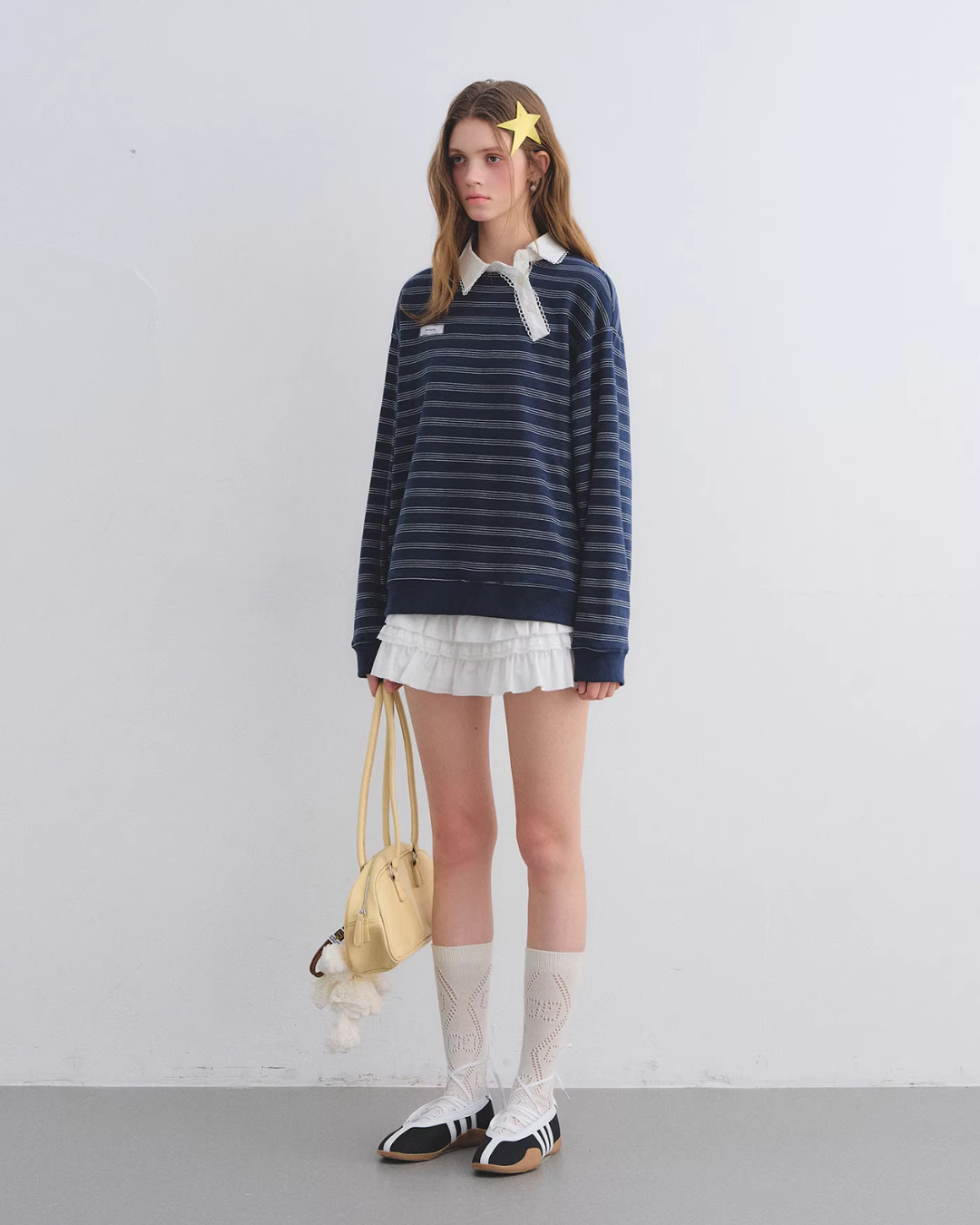 Button Lace Collar Striped Top ASG0085