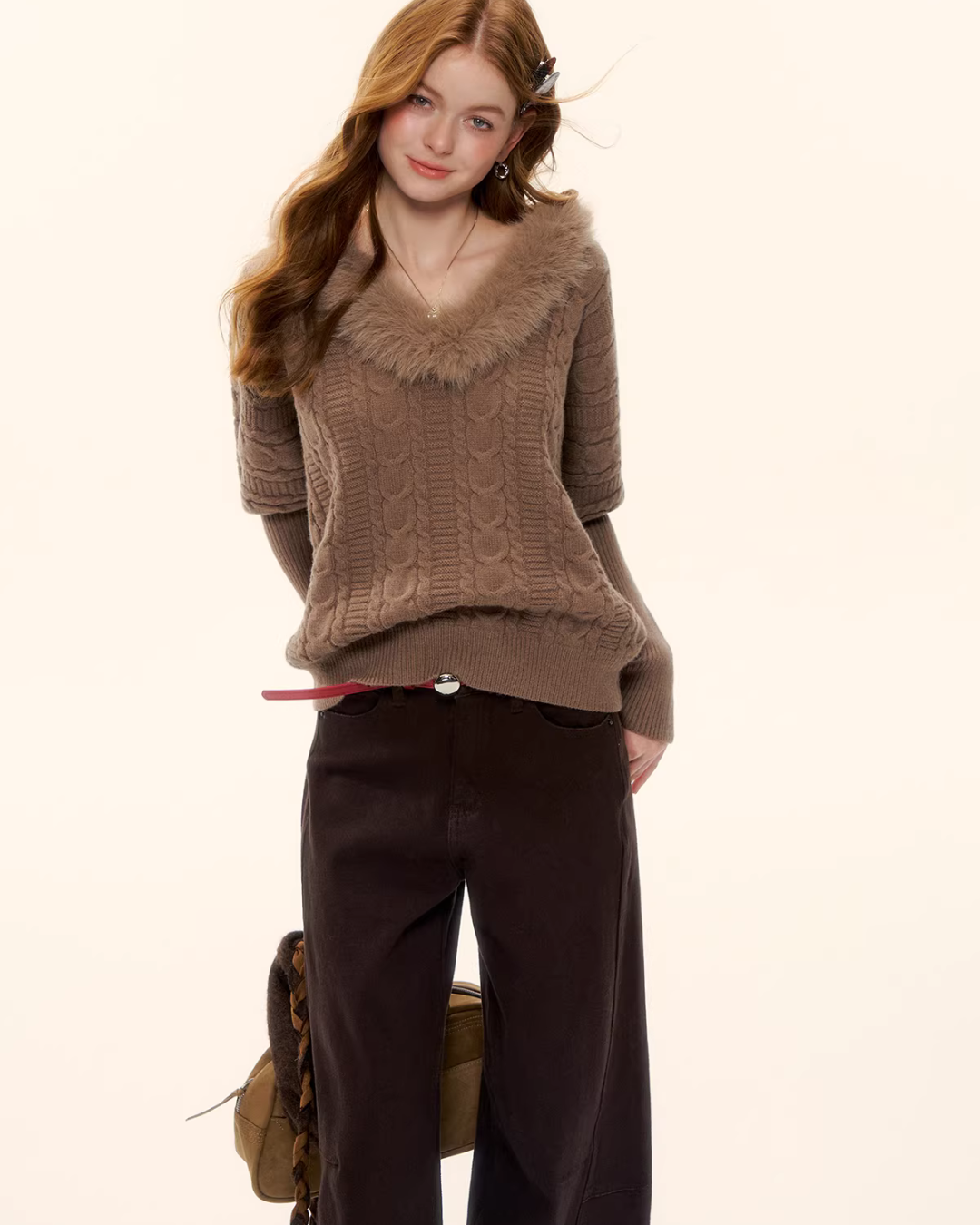 Fur Collar Cable Knit Top ASG0077